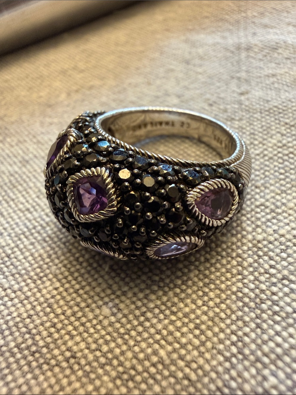 Judith Ripka Sterling silver ring with black spinel and amethysts, size 7